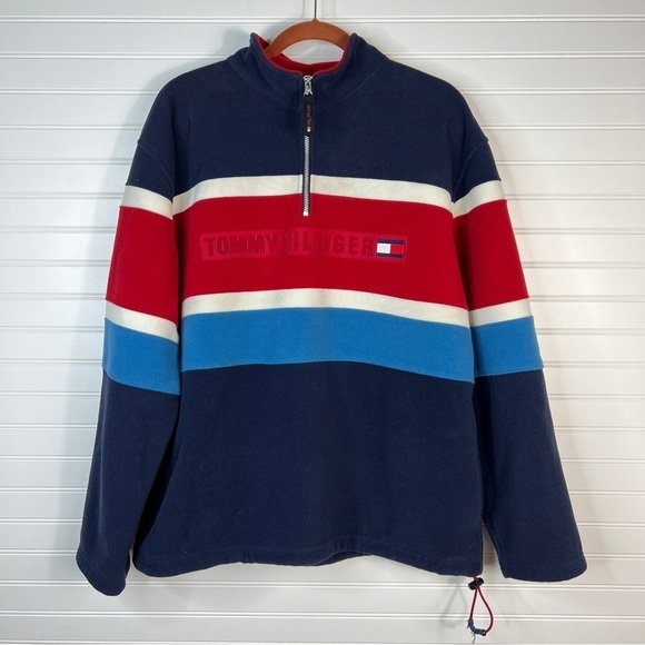 Tommy Hilfiger Vintage Red White Blue Spell Out Polyester Fleece Sweatshirt Sz L - Picture 1 of 11